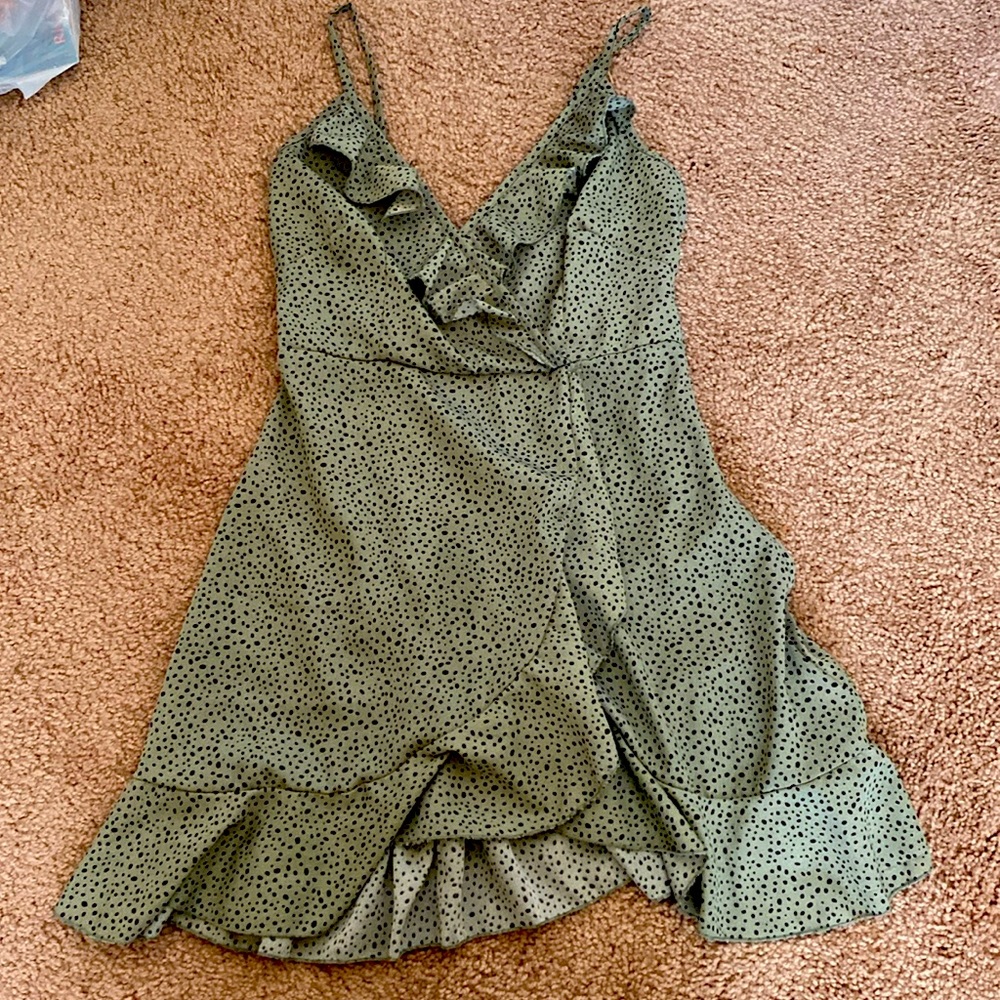 SHEIN XS Green Black Polka Dot Ruffled Dress